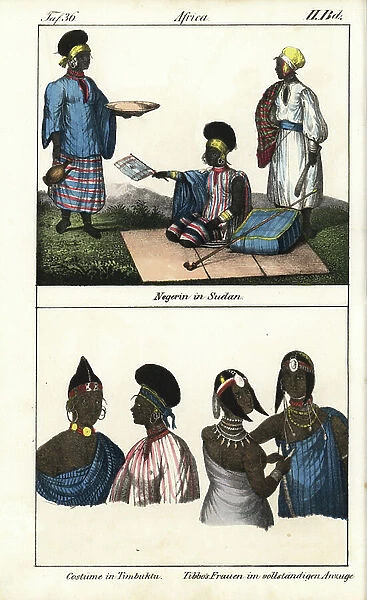 Sudanese women in striped dress. Below, demmes of Timbuktu (Mali) and Tibbo women of the Sahara. Lithography for the book: ' Galerie complete en tableaux fideles des peuples d'Afrique' by Friedrich Wilhelm Goedsche (1785-1863)