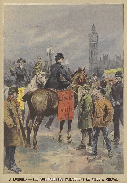 Suffragettes riding through central London on horseback (colour litho)