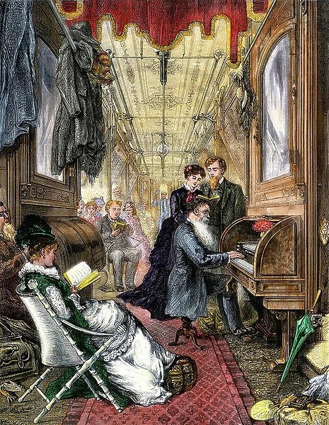 The Sunday service (a pianist accompanies passengers who sing the psalms in their collection) aboard a wagon of the American Union Pacific Railway Company, around 1870. 19th century lithography
