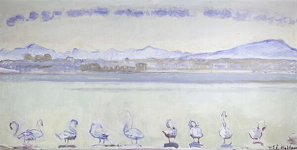 Nine Swans in Front of a Mountainous Landscape; Der Hafen von Genf, mit Neun Schwanen