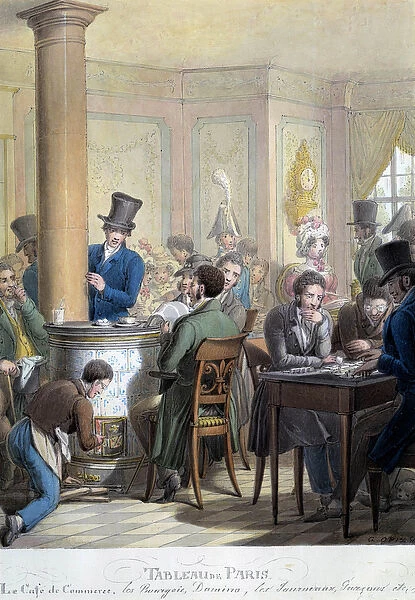 Table of Paris: view of the cafe du commerce: bourgeois talking, playing dominoes
