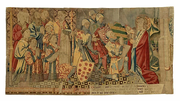 Tapestry fragments from a tapestry depicting The Seven Sacraments, made in Tournai, Belgium, 1450-75 (wool & silk)