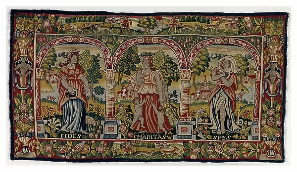 Tapestry long cushion depicting Faith, Hope and Charity, made in Sheldon, England, late 16th century (wool)