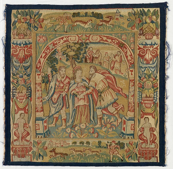Tapestry panel depicting The Queen of Sheba meeting Solomon, made in Sheldon, England, 16th century (wool)