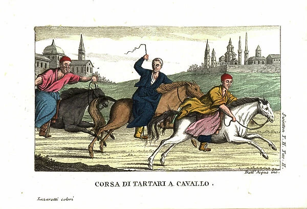 Tartars or tatars horseracing. Illustration From Andrew Swinton (18th-19th century) Travels into Norway, Denmark and Russia, 1792. Copperplate engraving by dell'Acqua handcoloured by Lazaretti from Giovanni Battista Sonzogno's Collection of the Most