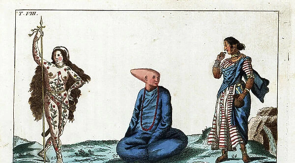Tattooed woman, Chinese beggar and Indian woman - Strong water from the Encyclopedie of Natural History: Humanite, by Gottlieb Tobias Wilhelm (1758-1811), 1804 - Pict girl