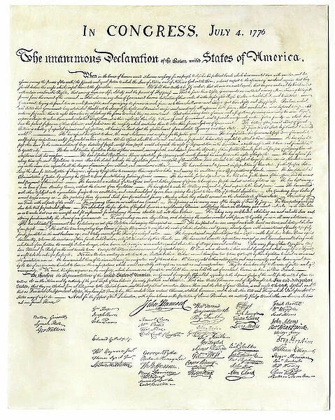 Text of the Declaration of Independence of the United States of America on July 4, 1776 with signatures. 'The unanimous Declaration of the Thirteen United States of America' by John Adams, Roger Sherman, Benjamin Franklin