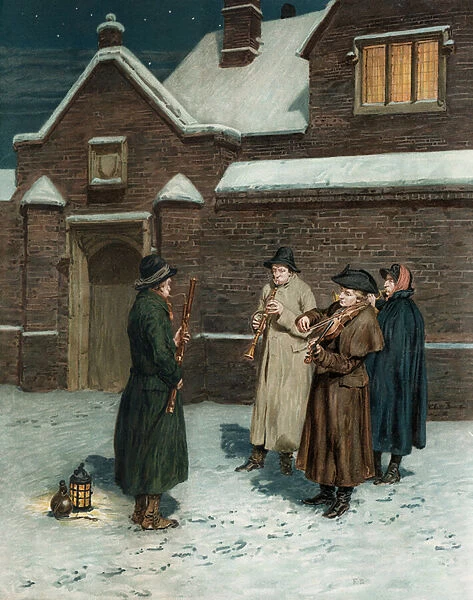 'The Christmas Waits, 'musicians playing carol music in the snow (chromolitho)