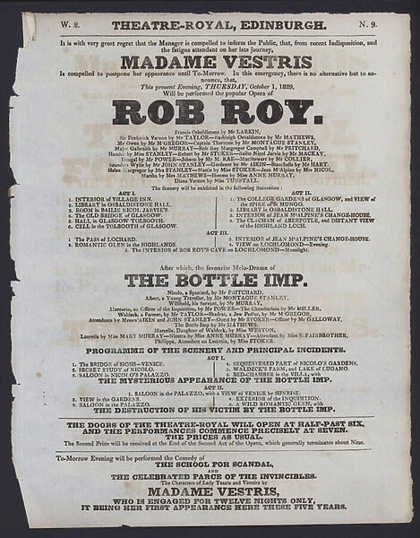 Theatre programme for the Theatre Royal, Edinburgh, 1 October 1829 (litho)