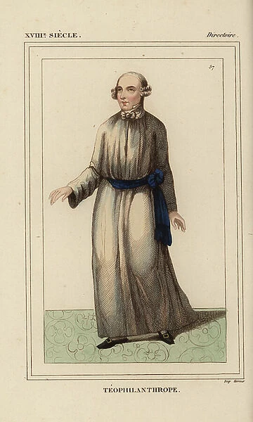 A Thephilanthropist, religious sect founded by the visionary Catherine Theot, Directory era, 1795-1799. Handcoloured lithograph from Le Bibliophile Jacob aka Paul Lacroix's Costumes Historique de la France (Historical Costumes of France)