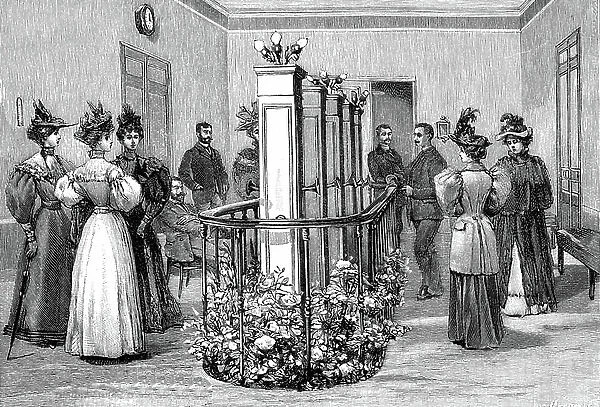 Therapeutic ozone inhalation room (ozonotherapy). Engraving 1895