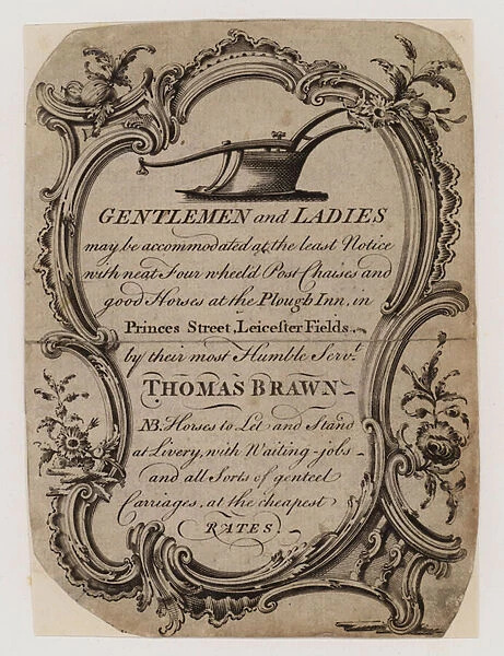 Thomas Brawn, Plough Inn, Princes Street, Leicester Fields, London, trade card, 18th Century (engraving)