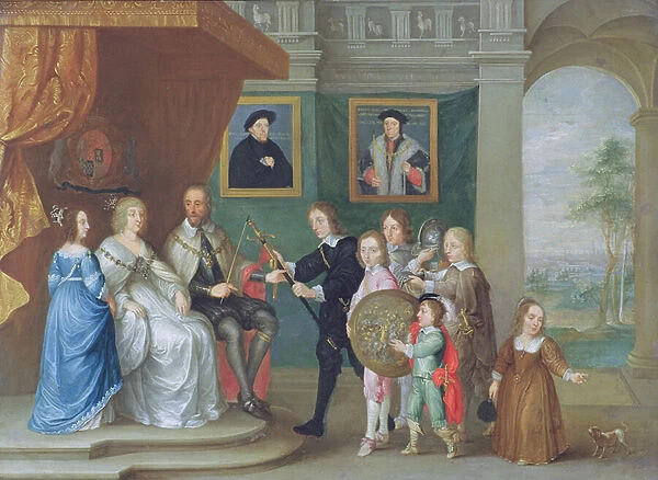 Thomas Howard, 14th Earl of Arundel is presented with arms by his children to mark his