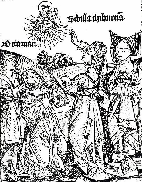 The Tiburtine Sibyl meets Augustus, Master of the Tiburtine Sibyl, Illustration from the Nuremberg Chronicle. 1493