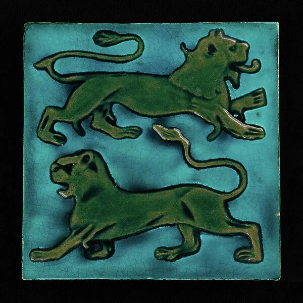 Tile with Heraldic Lions, Front, c. 1888-1907 (earthenware, glazed, moulded)