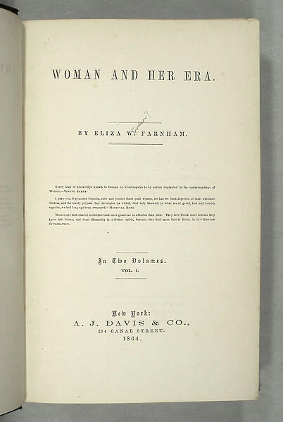 Titlepage of Women and Her Era by Eliza Wood Farnham (1815-64) published in New York, 1864 (print)
