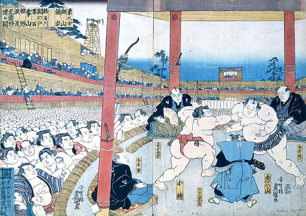 Traditional wrestling in Japan: Sumo wrestlers, (colour litho)