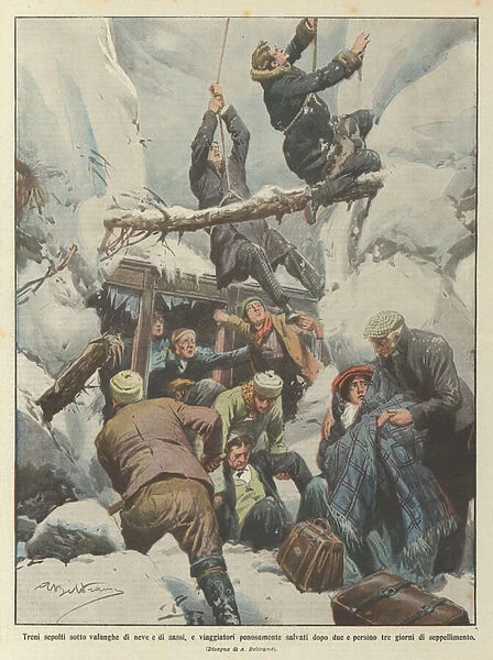 Trains buried under snow and stone avalanches, and travellers painfully rescued after two... (colour litho)