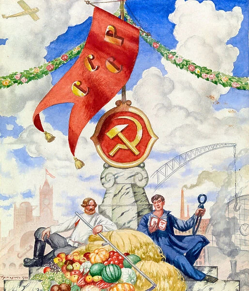 'Travailleur et fermier reunis sous le drapeau communiste'Affiche de propagande de Boris Michaylovich Kustodiev (1878-1927) 1923 Dim 27x23 cm Collection privee