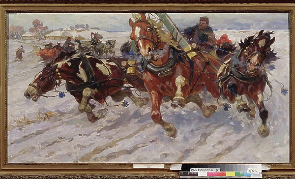 Troika (traineau avec attelage de trois chevaux). Peinture de Nikolai Semyonovich Samokish (1860-1944), huile sur toile, 1917. Art russe, 20e siecle. Regional Art Museum, Simferopol (Ukraine)
