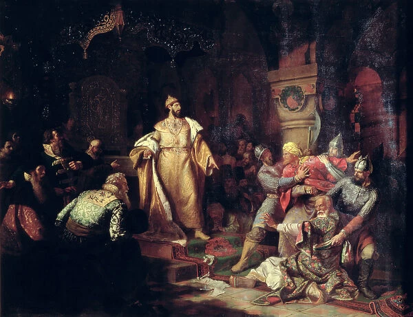 Tsar Ivan III (1440-1505) Tearing the Deed of Tatar Khan, 1862 (oil on canvas)
