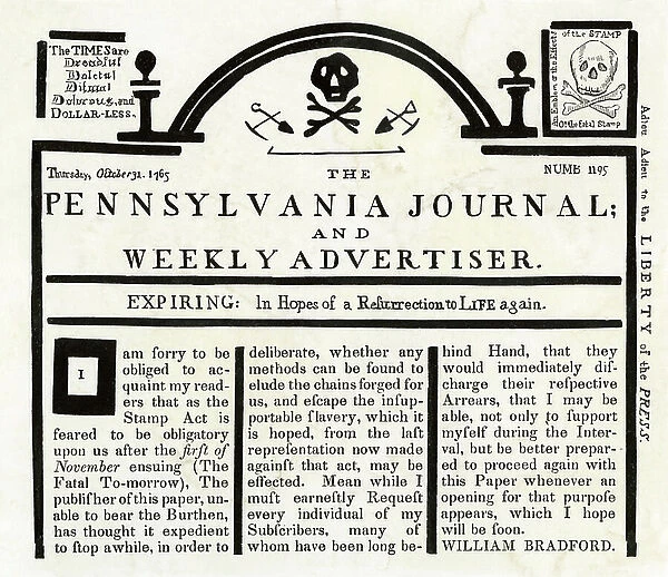 United States of America Independence War (1775-1783): One of the newspaper 'Pennsylvania Journal and Weekly Advertiser' protesting against the Stamp Act by publishing a death-head symbol, 1765. Engraving of the 19th century