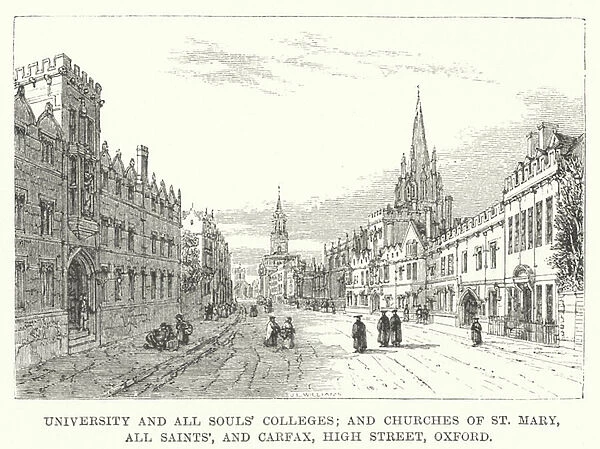 University and All Souls Colleges, and Churches of St Mary, All Saints, and Carfax, High Street, Oxford (engraving)