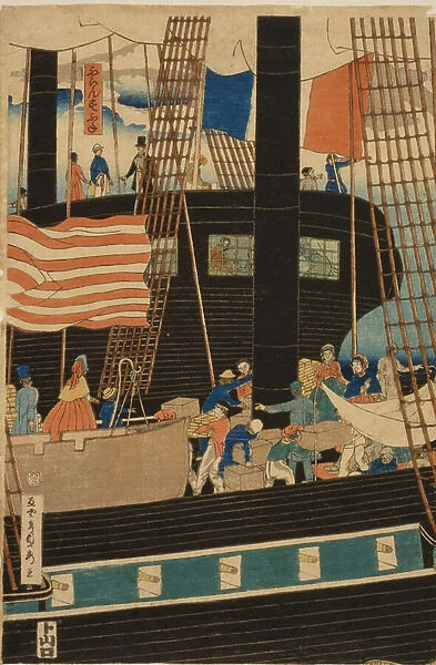 Unloading an American ship in Yokohama harbour, Japan, 1861. Utagawa Sadahide (1807-1878 / 79) Japanese Ukiyo-e artist. United States Flag Rigging Bustle European Commerce Trade