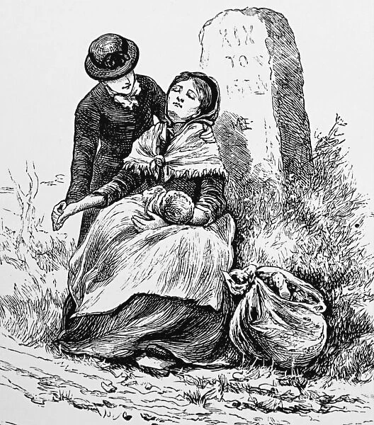 An unmarried mother and baby found exhausted by the roadside, 1850