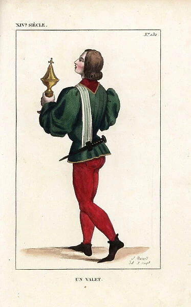 Valet or servant, 14th century. He wears a short velvet tunic with puff sleeves, red stockings, cracows or poulaines, and a dagger or misericorde. He carries a gold chalice. From a print in the Gaignieres collection at the Bibliotheque du Roi