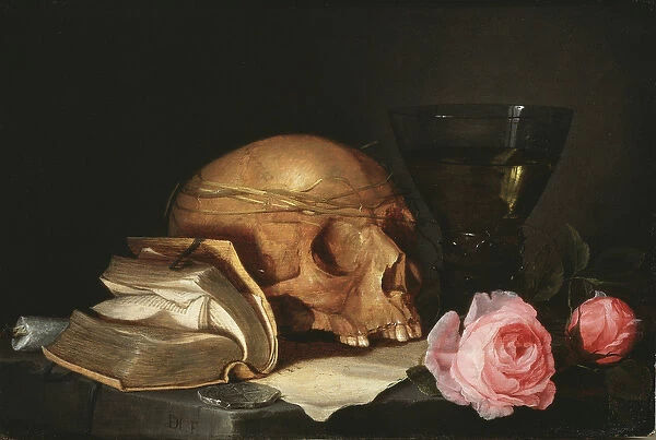 A Vanitas Still Life with a Skull, a Book and Roses, c. 1630 (oil on wood)