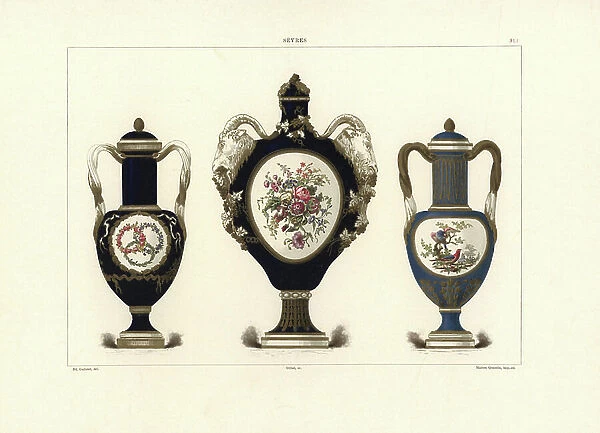 Vase with cylindrical column, twisted handles and botanical garlands, vase with rams head figures and botanical panel, and vase with cylindrical column, twisted handles and painted panel with birds and flowers