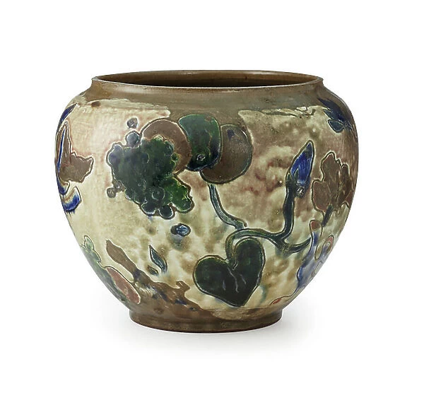 Vase decore avec feuillage, raisins et animaux (stoneware)