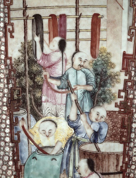 Detail from a vase depicting men dyeing silk (ceramic)