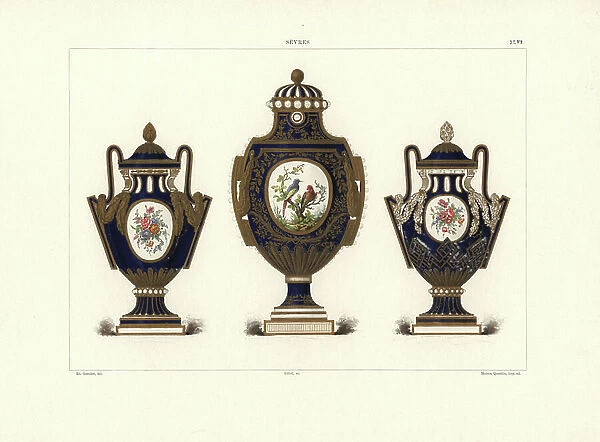 Vase with garlands and floral panel, vase with pearls and painted panel of birds, and greek vase with garlands and floral panel. Chromolithograph by Gillot of an illustration by Edouard Garnier from The Soft Paste Porcelain of Sevres, Maison Quinn