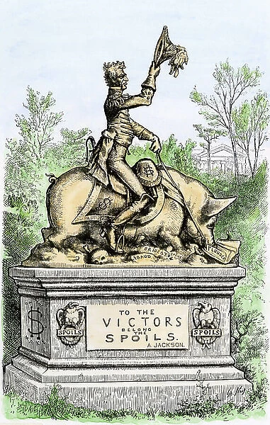 To the victor belong the spoils, a satire on the body system, represented by the statue of Andrew Jackson riding a pig, 1877. 19th century colour engraving after a cartoon by Thomas Nast