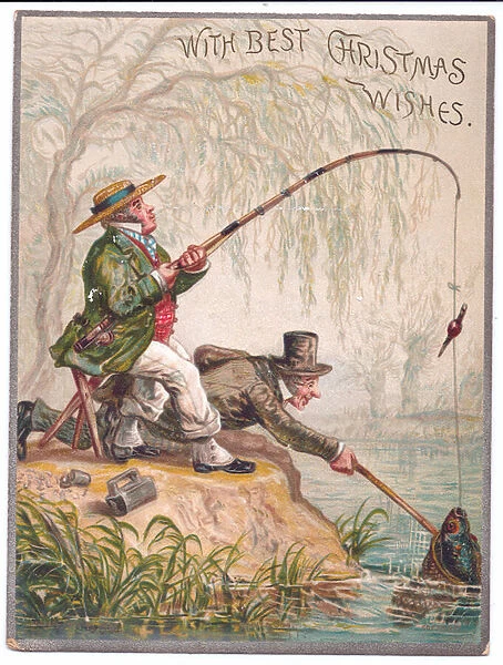 A Victorian Christmas card of two men fishing by the river