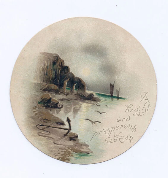 Victorian circular New Year card of a seascape with two yachts on a moonlit night, c