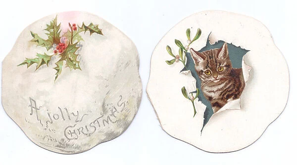 A Victorian die cut Christmas card in the shape of a snowball and a kitten