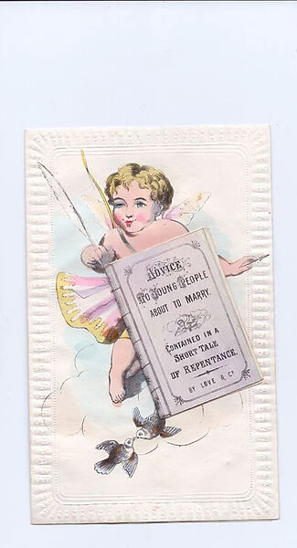 A Victorian hand coloured embossed and engraved Valentine card of cupid holding a quill