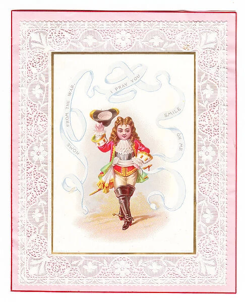 A Victorian paper lace Valentine card of a boy in Regency costume with a romantic message