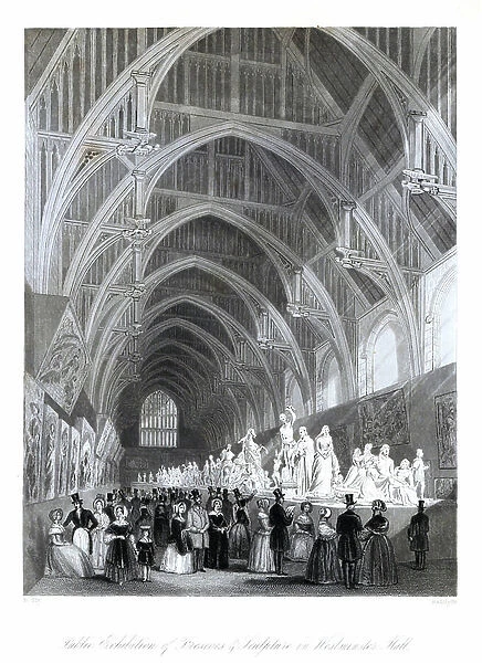 Victorian tourists at an exhibition of frescos, paintings and sculpture in Westminster Hall, 1844. Steel engraving by Radclyffe after an illustration by B. Sly from London Interiors, Their Costumes and Ceremonies, Joshua Mead, London, 1841