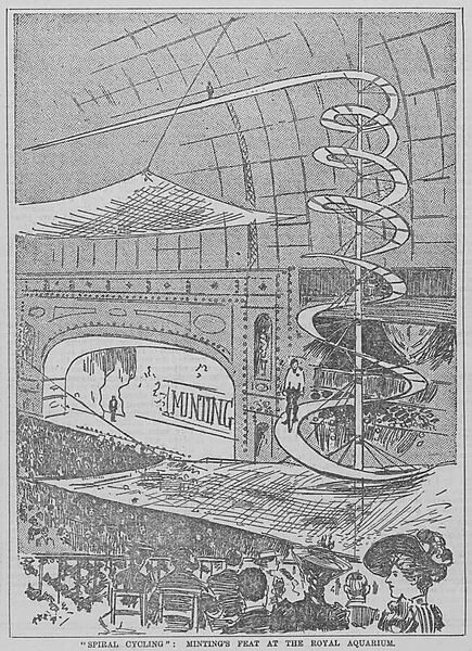 Victorian trick cyclist A H Minting descending a spiral incline on a unicycle at the London Aquarium, 1891 (engraving)