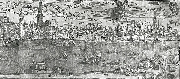 View of Antwerp Harbour, detail of the right hand section, 1515-50 (engraving) (b  /  w
