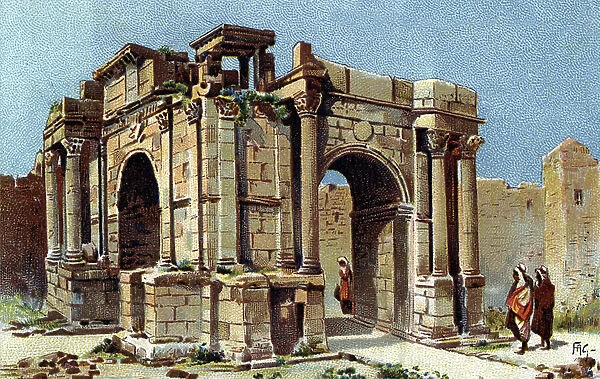 View of the Arch of Caracalla de Tebessa, Algeria (View of the Arch of Caracalla, a Roman triumphal arch located at Thebeste in Algeria) Chromolithograph 19th century Private collection