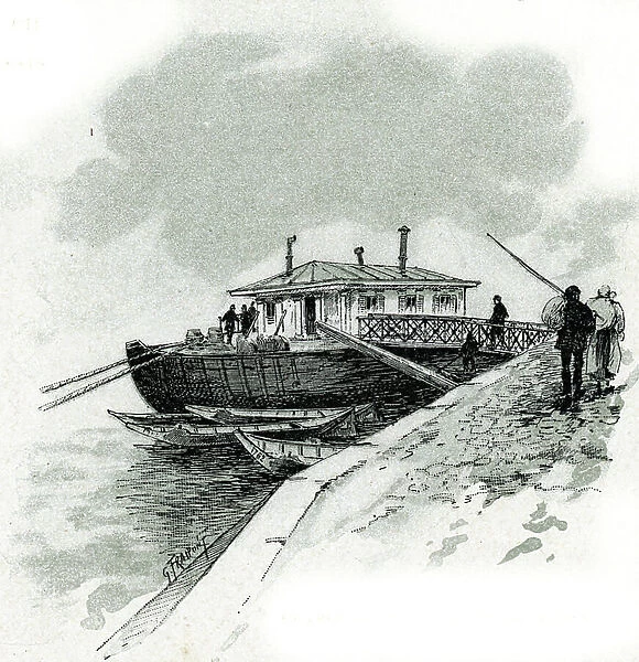 View of the boat where traders paid the grant of Seine to be able to import goods, quai de Bercy a Paris (View of the boat in quai de Bercy where traders paid the grant, tax to import goods)