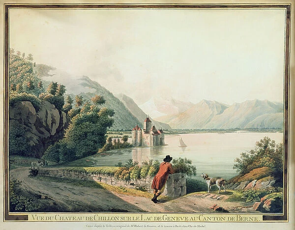 View of the Chateau de Chillon, Lake Geneva (coloured etching)