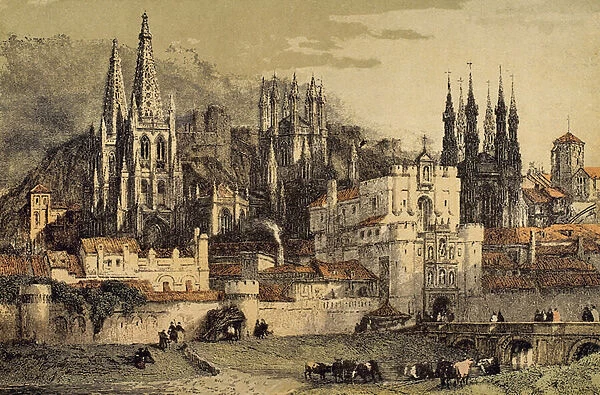 View of the city of Burgos (Castile, Spain), with its walls (coloured engraving)