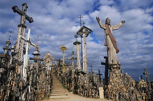 View of the crosses of the Hill of the Crosses, a place of pilgrimage reminding the Lithuanian struggle for independence since the 16th century, near the city of Siauliai in Lithuania. Hill of Crosses, near Siauliai, Lithuania