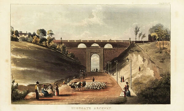 View of drovers driving cattle and sheep to Smithfield Market under the archway at Highgate Hill, 1822